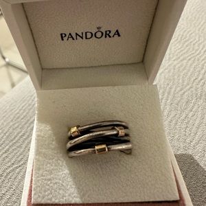 PANDORA Retired silver rope ring gold accents 14k size 5